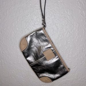 Coach metallic/beige zip wrist wallet